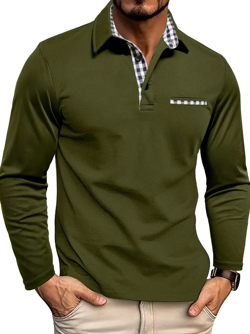 Adrien™ | Polo manches longues — maille douce, allure nette, détails à carreaux