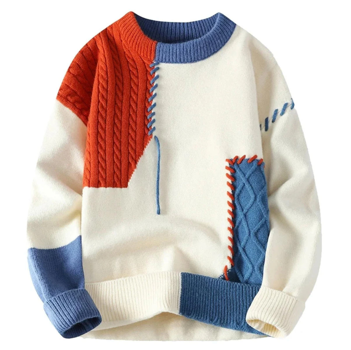 Léonie™ | Pull patchwork coloré — douceur crème, touches bleu & terracotta