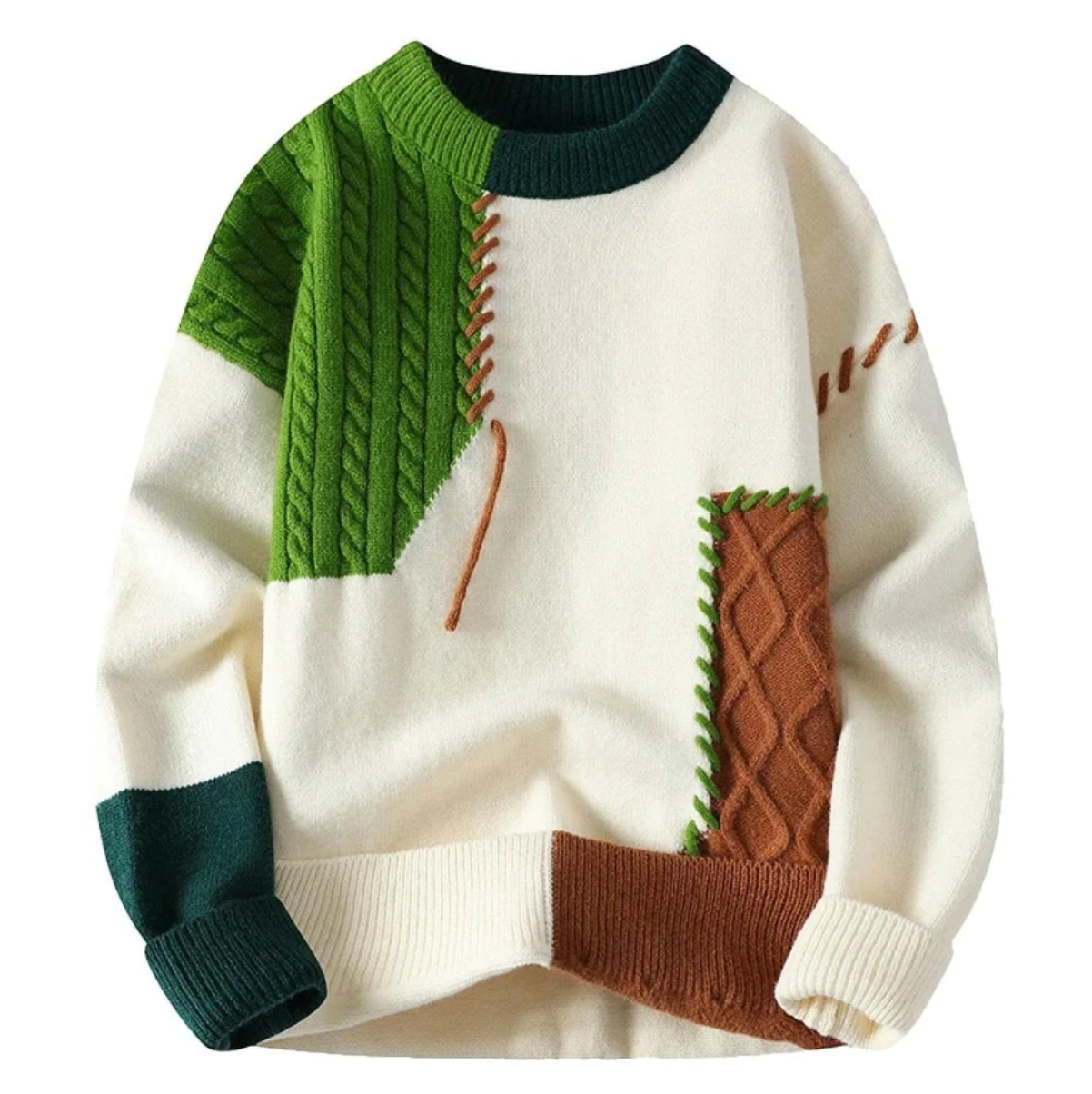 Léonie™ | Pull patchwork coloré — douceur crème, touches bleu & terracotta