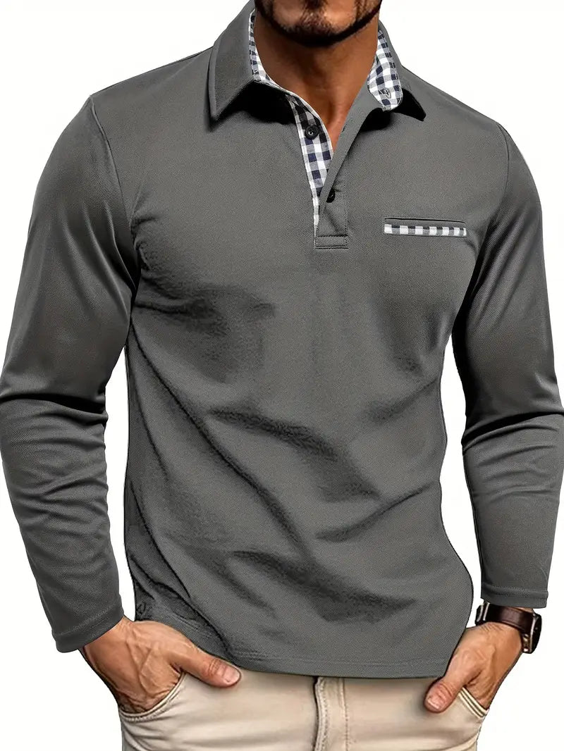 Adrien™ | Polo manches longues — maille douce, allure nette, détails à carreaux