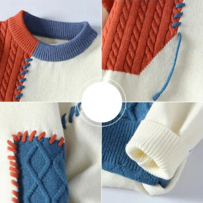Léonie™ | Pull patchwork coloré — douceur crème, touches bleu & terracotta